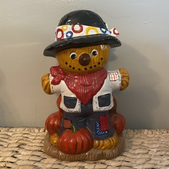 The Unbranded Brand Other - Vintage 7.5" Autumn Halloween Scarecrow Ceramic Figurine Handpainted Pumpkins‎
